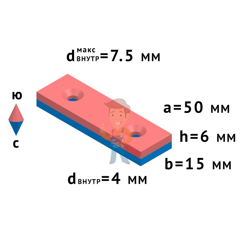 Неодимовый магнит прямоугольник 50х15х6 мм с двумя зенковками 4/7.5 мм - фото 4